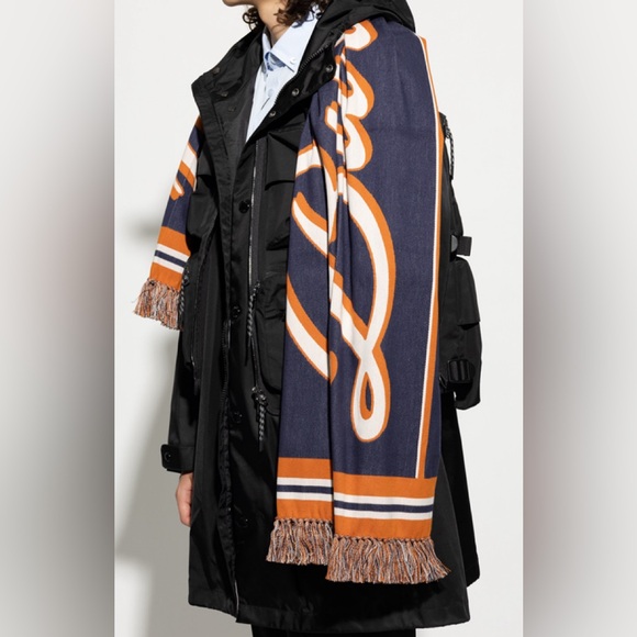 Burberry Script-Logo Cotton Scarf in Navy with Orange Trim - Picture 3 of 6